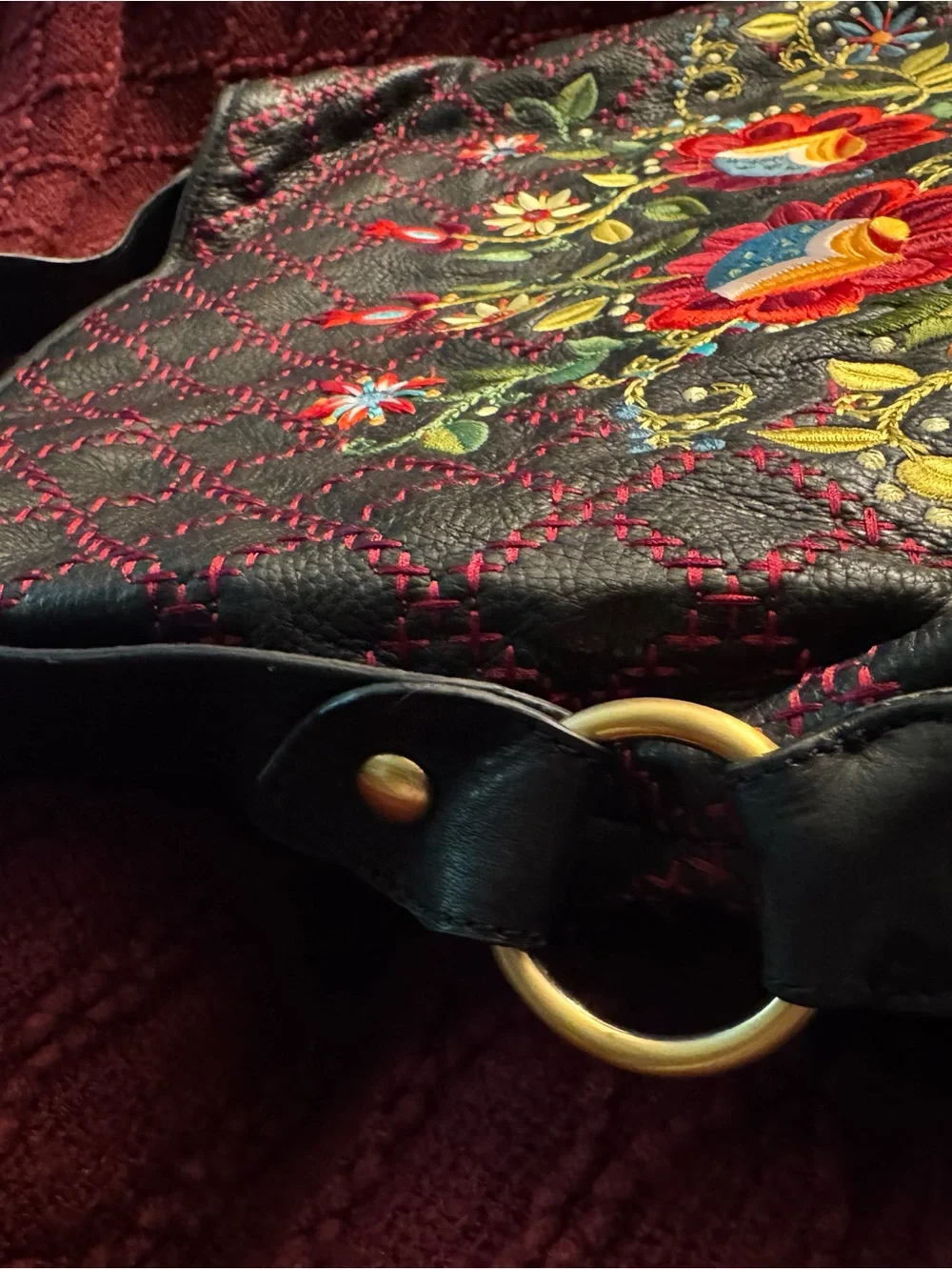 Rare Isabella Fiore Leather Shoulder Hobo Bag with Multicolor Floral Embroidery - Picture 10 of 12